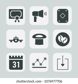 Premium set of fill icons. Such as frame, timetable, award, document, aircraft, achievement, communication, coffee, caffeine, speech, airplane, play, travel, loud, trip, time, day, download, plane
