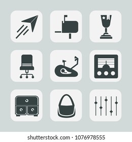 Premium set of fill icons. Such as drawer, first, bag, delivery, antenna, armchair, champion, radio, mailbox, achievement, place, bicycle, post, mail, furniture, aviation, signal, wireless, fitness