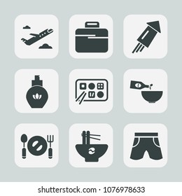 Premium set of fill icons. Such as flight, spoon, trip, dinner, transport, aircraft, meal, white, drink, food, celebration, airplane, plane, event, firework, festival, shorts, bowl, aroma, fork, bag