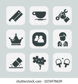 Premium set of fill icons. Such as tool, axe, mug, white, eraser, espresso, cup, king, work, people, foreman, meat, spring, steel, crown, royal, construction, hot, group, beverage, blossom, queen, boy