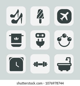 Premium set of fill icons. Such as high, toilet, clock, cold, ice, girl, time, travel, bathroom, heel, popsicle, equipment, power, cloth, airplane, fitness, infant, cotton, beauty, woman, towel, gym