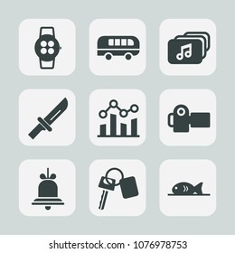 Premium set of fill icons. Such as dinner, traffic, knife, vehicle, alarm, touch, device, notification, auto, document, screen, travel, trend, fork, transportation, fish, photographer, bell, chart