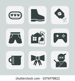 Premium set of fill icons. Such as tie, baby, wear, glass, dentist, bottle, tooth, clothing, samurai, equipment, template, dental, play, hygiene, talcum, weapon, game, housework, container, japan, bow
