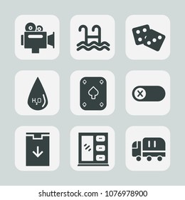 Premium set of fill icons. Such as drop, car, swim, off, web, play, dice, chance, video, media, clean, pool, truck, sport, professional, poker, download, home, film, handle, energy, switch, transport