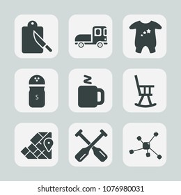 Premium set of fill icons. Such as office, vehicle, paddle, map, canoe, seasoning, atlas, fork, truck, kid, furniture, child, molecule, clothes, travel, kitchen, shipping, spice, atom, salt, pepper