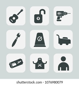 Premium set of fill icons. Such as electric, grass, hand, traffic, safe, guitar, brush, equipment, street, safety, background, rock, flight, work, white, garden, repair, air, musical, travel, man, key