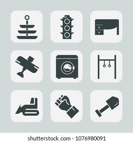 Premium set of fill icons. Such as wash, desk, human, green, office, athlete, road, airplane, machine, transportation, work, shovel, computer, flight, construction, tool, travel, sport, plane, hand