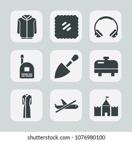 Premium set of fill icons. Such as sound, postcard, boiler, music, mail, female, clothing, shirt, stamp, young, vintage, plane, headphone, communication, earphone, technology, jacket, headset, audio
