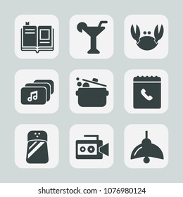 Premium set of fill icons. Such as delicious, knowledge, liquid, pepper, handle, seasoning, fresh, video, martini, page, cocktail, lamp, beverage, phone, library, literature, crab, seafood, film, cook