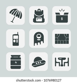 Premium set of fill icons. Such as bag, backpack, family, carton, parasol, open, education, season, table, space, umbrella, school, shipping, container, cell, bodybuilding, protection, mobile, pack