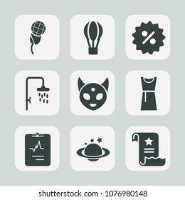 Premium set of fill icons. Such as heart, document, percent, air, sale, monster, medicine, ufo, earth, bath, office, fly, planet, balloon, studio, price, alien, dress, flight, fashion, female, audio