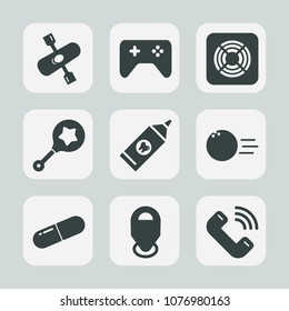 Premium set of fill icons. Such as rattle, sign, canoeing, cooling, fun, pill, pin, technology, kayak, controller, health, water, air, joystick, brush, bowling, care, heat, hygiene, river, electric