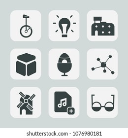 Premium set of fill icons. Such as holiday, sign, eyeglasses, technology, add, mill, electricity, tradition, music, house, eye, file, light, traditional, bike, molecule, wind, chemistry, colorful, egg