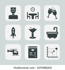 Premium set of fill icons. Such as flight, medical, woman, kitchen, stethoscope, technology, transport, menu, bar, dinner, beverage, alcohol, launch, data, ice, food, winery, business, family, wine