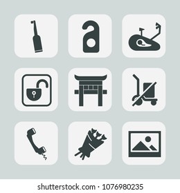 Premium set of fill icons. Such as security, travel, flower, brush, frame, picture, beautiful, dentist, room, hotel, old, door, service, communication, open, dental, background, unlock, bike, blossom