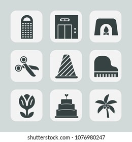 Premium set of fill icons. Such as blossom, leaf, grate, elevator, fire, entrance, tropical, sweet, road, object, home, tool, food, fireplace, cut, traffic, street, summer, pie, office, musical, lift