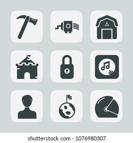 Premium Set Of Fill Icons. Such As Natural, Kitchen, Motorbike, Account, Barn, Biker, Cooking, Lock, Sign, Motorcycle, Tower, Meat, Tool, Helmet, Nature, Earth, Music, Profile, Note, Work, Sound, User