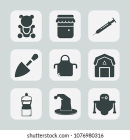 Premium set of fill icons. Such as futuristic, needle, animal, wood, tool, glass, pinafore, farming, jar, shovel, natural, hat, barn, bear, nutrition, equipment, circus, childhood, broom, chef, fun