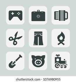 Premium Set Of Fill Icons. Such As Bonfire, Fireplace, Swine, Musical, Transport, Piglet, Construction, Play, Pig, Sign, Black, Aid, Joystick, Toy, Accordion, Button, Pork, Tool, Flame, Emergency, Hot