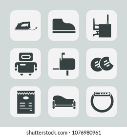 Premium set of fill icons. Such as equipment, sofa, work, food, dessert, message, desk, cyborg, top, table, time, interior, notebook, gadget, office, sport, space, silhouette, iron, hot, mailbox, mail
