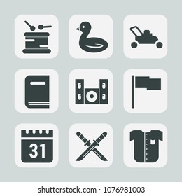 Premium set of fill icons. Such as white, drum, schedule, violin, shirt, time, library, instrument, speaker, day, weapon, cinema, timetable, musical, video, calendar, sky, new, grass, sword, home