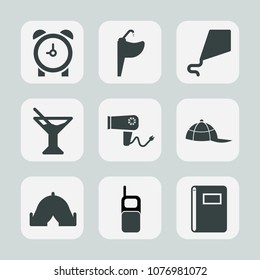 Premium set of fill icons. Such as fun, timer, object, headwear, cap, hair, sky, book, blow, cocktail, camp, clothing, drink, sink, old, phone, alarm, glass, travel, outdoor, notebook, hairdryer, hat