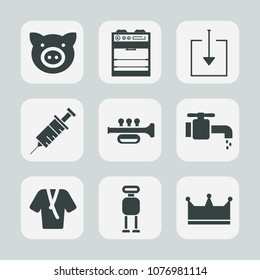 Premium set of fill icons. Such as bathroom, fashion, pig, download, oven, pork, cyborg, trumpet, drill, farming, swine, dental, kitchen, water, dentistry, robot, home, music, crown, sink, stove, hog