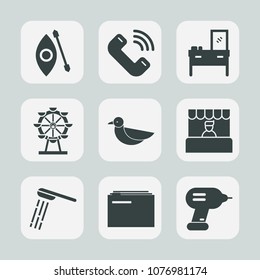 Premium set of fill icons. Such as food, call, drill, button, kayak, water, shower, carousel, sea, animal, canoe, wheel, mobile, hygiene, sky, file, information, supermarket, business, lake, document