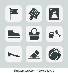 Premium set of fill icons. Such as equipment, accessory, style, rubber, paintbrush, sport, bucket, work, stroke, bag, drawing, background, soccer, footwear, nation, red, national, flag, country, menu