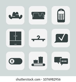 Premium set of fill icons. Such as phone, luggage, travel, object, energy, off, deactivate, white, bag, sugar, pie, hanger, fashion, cloakroom, cap, delicious, talk, communication, speech, style, call