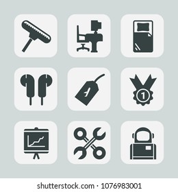Premium set of fill icons. Such as medal, astronaut, bed, plane, work, computer, earphone, winner, annual, industrial, notebook, travel, prize, stereo, fly, tag, award, cosmos, table, cosmonaut, hotel