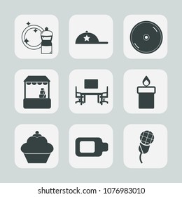 Premium set of fill icons. Such as desk, clothing, broom, fashion, sign, audio, shop, housework, baseball, market, food, style, sound, sweet, disk, music, fire, karaoke, mic, cleaner, cake, cap, flame