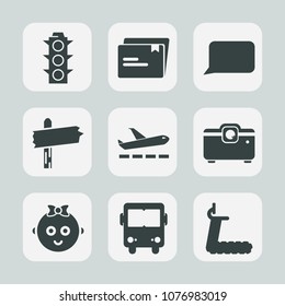 Premium set of fill icons. Such as childhood, sport, lamp, bubble, way, paper, speech, transport, bus, projector, cute, airplane, chat, transportation, kid, road, treadmill, yellow, sign, light, arrow