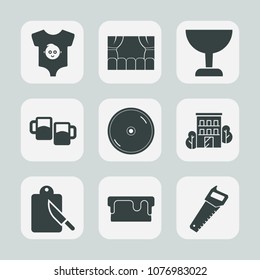 Premium set of fill icons. Such as cd, work, cutlery, saw, dessert, food, sweet, pie, building, estate, real, child, newborn, glass, bar, house, alcohol, kitchen, film, theater, sign, disk, kid, cute