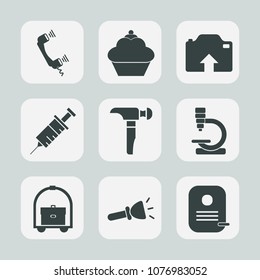 Premium set of fill icons. Such as mobile, cookie, hammer, science, dessert, picture, construction, upload, communication, microscope, bakery, dentistry, identity, dentist, shine, light, sign, travel