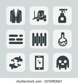 Premium set of fill icons. Such as spray, business, phone, ufo, service, vehicle, person, laboratory, fence, equipment, suit, tool, toxic, space, barrier, layout, cargo, seafood, alien, white, office