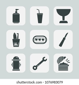 Premium set of fill icons. Such as cold, coffee, spanner, food, tool, knife, fire, restaurant, sign, tooth, clean, kitchen, dentistry, look, brush, drink, wrench, mouth, hammer, search, hydrant, white