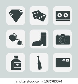 Premium set of fill icons. Such as boot, vintage, gambling, photographer, game, casino, tea, tooth, audio, dental, mail, send, dice, gem, footwear, cup, white, gemstone, communication, diamond, drink