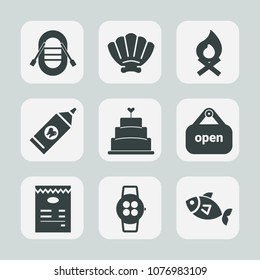 Premium set of fill icons. Such as campfire, time, store, care, sign, ocean, menu, camp, fireplace, nature, cake, sailboat, clean, warm, gadget, evening, marine, smart, sweet, shop, sea, fish, health