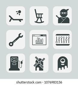 Premium set of fill icons. Such as warrior, chair, holiday, spanner, station, wrench, sun, website, mill, equipment, pump, black, vacation, alien, gas, fuel, gasoline, business, japan, monster, summer