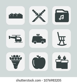 Premium set of fill icons. Such as asian, weapon, floral, fruit, childhood, furniture, child, wax, traditional, candle, office, toy, video, decoration, crate, organic, transport, flight, internet, car
