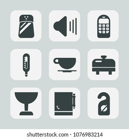Premium set of fill icons. Such as notepad, old, drink, cell, label, volume, sign, thermometer, cup, search, glass, telephone, spice, call, up, sound, salt, phone, notebook, heater, wireless, page