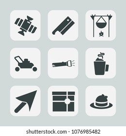 Premium set of fill icons. Such as flashlight, spaceship, axe, box, cup, gift, fireplace, orbit, garden, shuttle, cursor, evening, lawn, warm, station, present, sign, gardening, equipment, tool, space