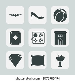 Premium set of fill icons. Such as pillow, building, drink, bar, shoe, real, kitchen, accessory, fashion, cocktail, jewelry, kick, house, soccer, cook, necklace, business, elegant, soft, oven, heel