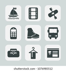 Premium set of fill icons. Such as phone, white, transportation, adventure, transport, footwear, call, activity, sea, entertainment, technology, canoe, bus, film, lake, kayaking, leather, telephone
