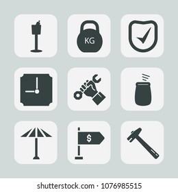 Premium set of fill icons. Such as time, wrench, hammer, builder, white, alcohol, secure, bottle, construction, glass, check, wine, location, restaurant, japanese, hour, industry, finance, kilogram