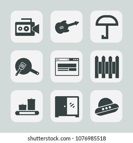 Premium set of fill icons. Such as ufo, umbrella, interior, camcorder, cabinet, rain, movie, furniture, protection, business, string, film, equipment, professional, media, bag, wall, fence, barrier