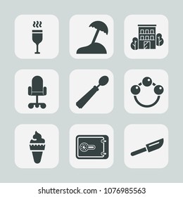 Premium set of fill icons. Such as cutlery, baby, drink, wine, sea, food, finance, home, spoon, architecture, winery, travel, palm, child, office, money, dessert, city, vacation, rattle, island, real
