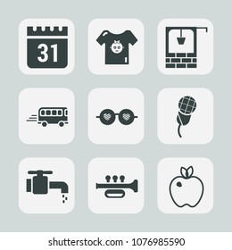 Premium set of fill icons. Such as calendar, glasses, trumpet, sound, event, old, fruit, water, healthy, cute, hippie, audio, clothing, day, music, newborn, organic, sink, date, boy, stone, child, tap