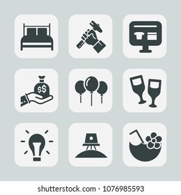 Premium set of fill icons. Such as energy, idea, work, juice, construction, cocktail, bedroom, sack, space, sale, finance, pillow, exploration, foreman, alcohol, summer, celebration, site, night, sign